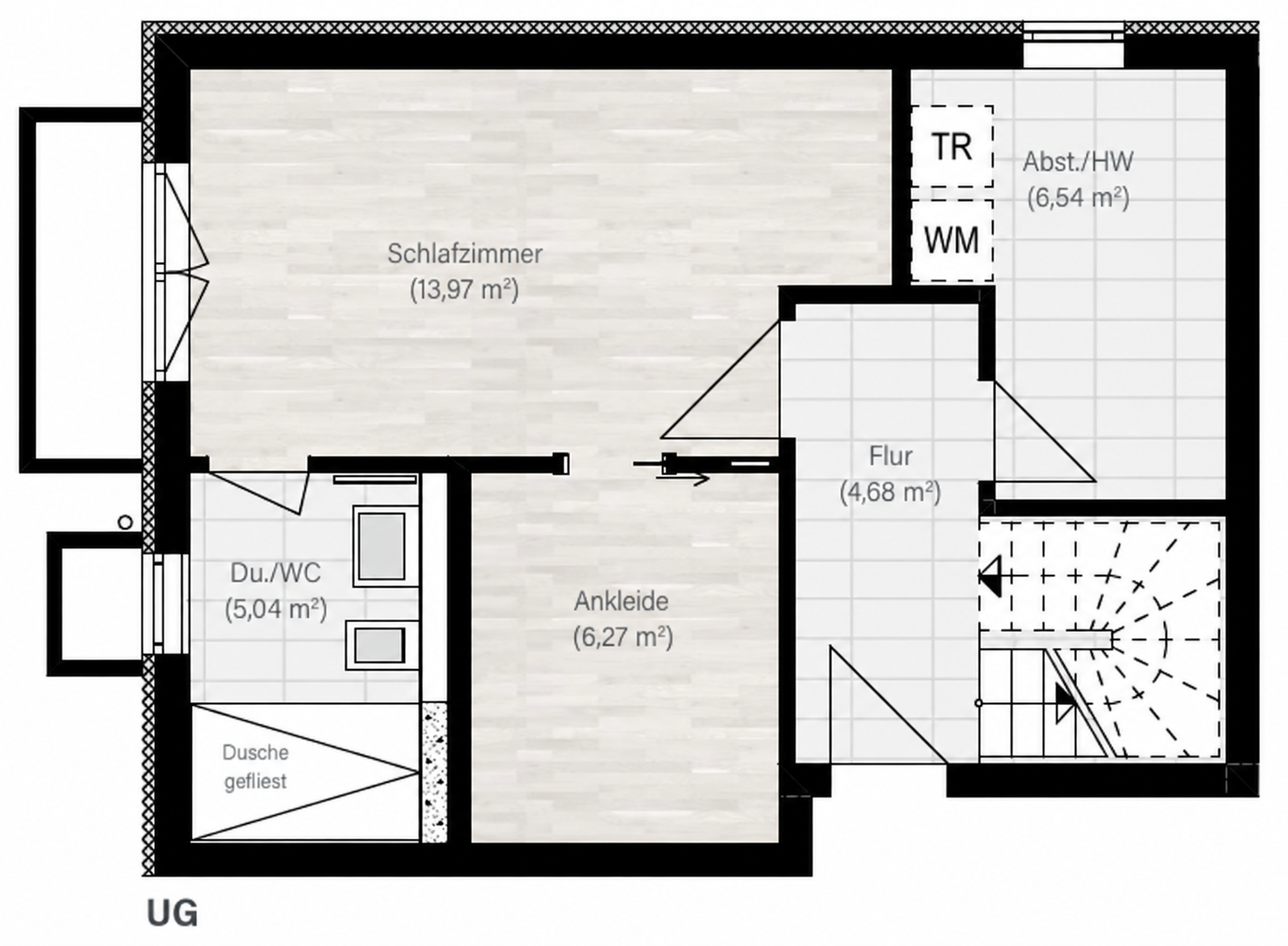 Grundriss des Souterrains von Wohnung 1 mit Schlafzimmer, direkt zugänglichem Bad und Ankleide sowie Abstell- und Hauswirtschaftsraum