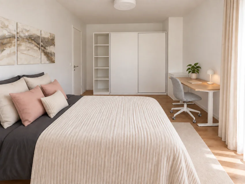 Schlaf/Kinderzimmer im Erdgeschoss mit Bett, weißem Kleiderschrank und Schreibtisch mit hellgrauem Stuhl